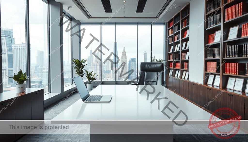 A modern, professional office interior with sleek furnishings and a minimalist design. In the foreground, a large, minimalist desk with a laptop, notepad, and a potted plant. A high-back leather chair sits behind the desk. The middle ground features floor-to-ceiling windows overlooking a cityscape, providing ample natural light. The background showcases bookshelves lining the walls, filled with legal volumes and framed certificates. The overall atmosphere is one of efficiency, security, and trustworthiness, conveying the idea of "legal and safe IPTV services". A modern, professional office interior with sleek furnishings and a minimalist design. In the foreground, a large, minimalist desk with a laptop, notepad, and a potted plant. A high-back leather chair sits behind the desk. The middle ground features floor-to-ceiling windows overlooking a cityscape, providing ample natural light. The background showcases bookshelves lining the walls, filled with legal volumes and framed certificates. The overall atmosphere is one of efficiency, security, and trustworthiness, conveying the idea of "legal and safe IPTV services".
